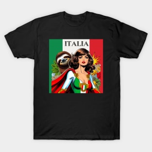 Italian Female Comic Book Superhero with Sloth T-Shirt